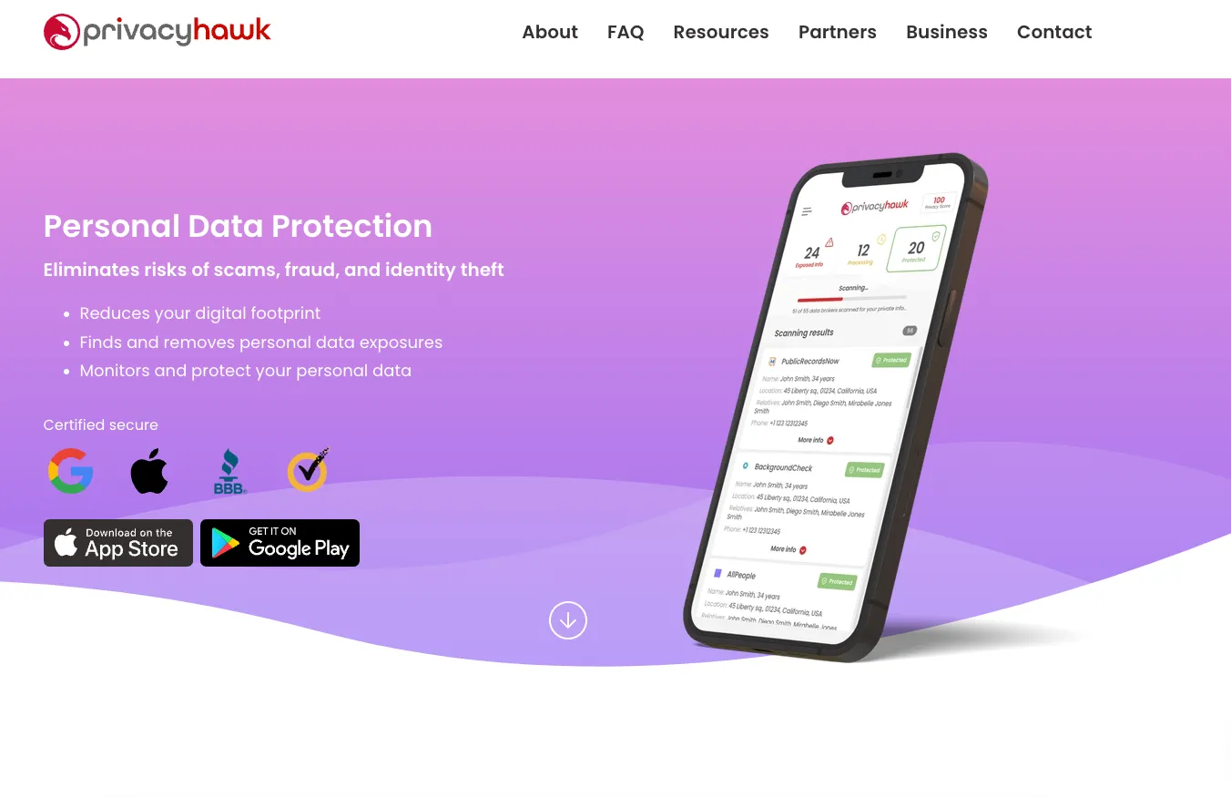 A screenshot of https://privacyhawk.com/